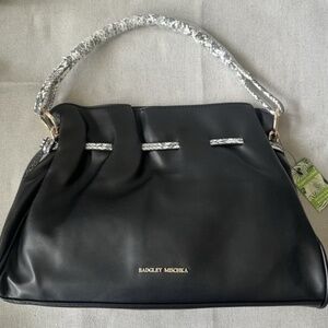 BADGLEY MISCHKA Vegan Drawstring Purse Snake Trim Crossbody New Black